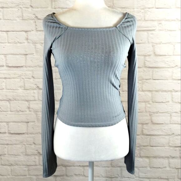 E Madewell Light Craft Blue Ribbed Square Neck Crop Long Sleeve Tee Shirt NWT XS - Picture 2 of 12